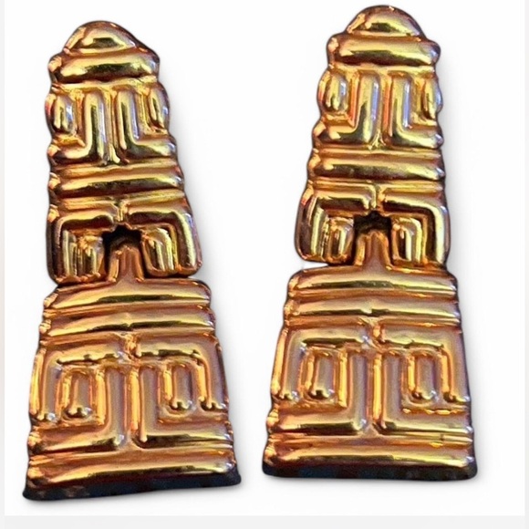 Vintage Gold Geometric Greek Key Statement Dangle Drop Earrings - Picture 4 of 5